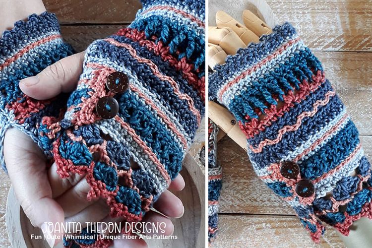 A pair of crocheted fingerless mitts with buttons.