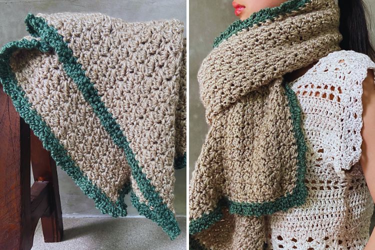 Two pictures of a woman wearing a knitted scarf.