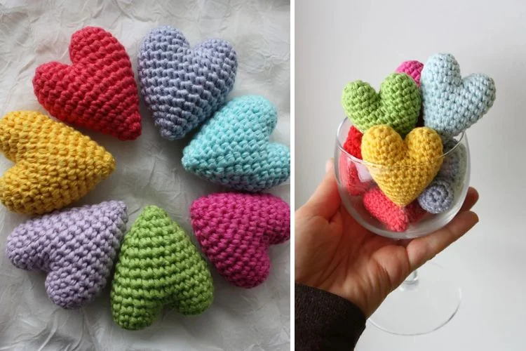 Crocheted hearts in a glass of wine.