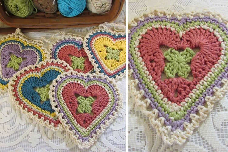 A set of crocheted heart shaped coasters.