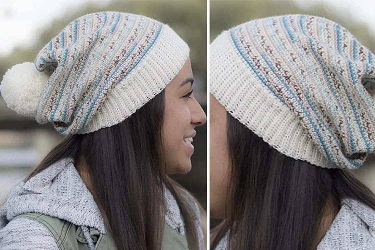 Two pictures of a woman wearing a striped hat.