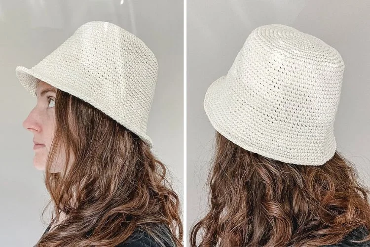 Two pictures of a woman wearing a white hat.