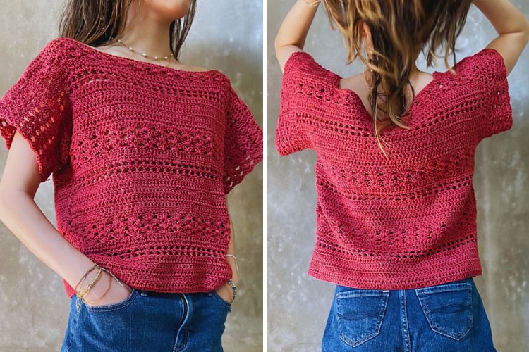 Two pictures of a woman wearing a red crocheted top.