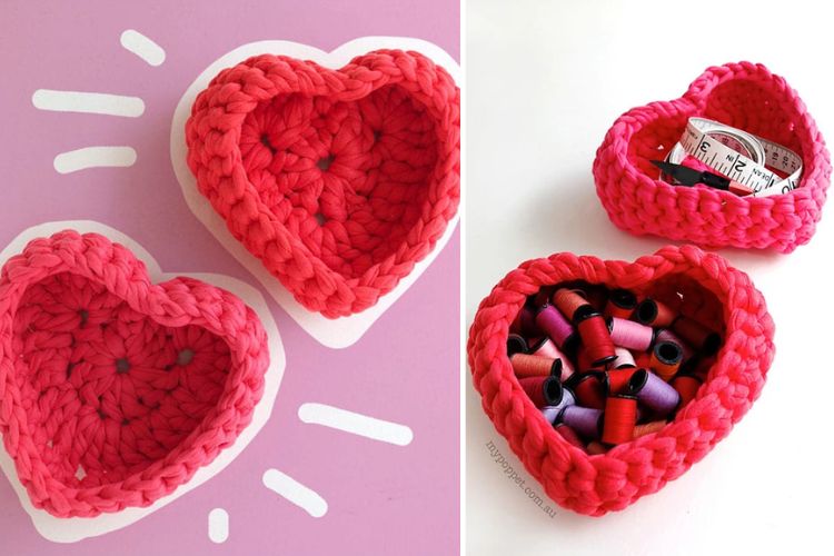 A crocheted heart shaped box and a crocheted heart shaped box.