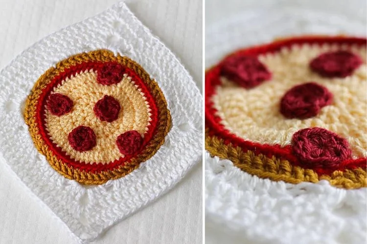 A crochet pizza with a red and white circle.