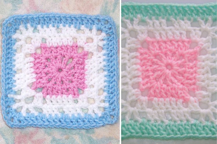 Two pictures of crocheted granny squares.