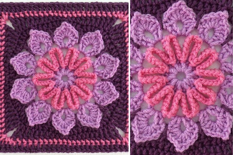 A purple and pink crocheted square with a simple 10-petal flower in the middle.