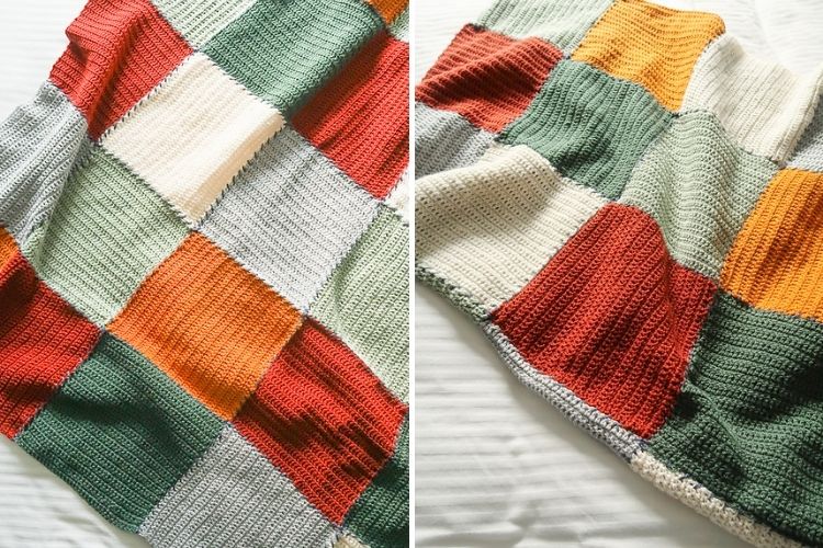 Two pictures of a colorful blanket on a bed.