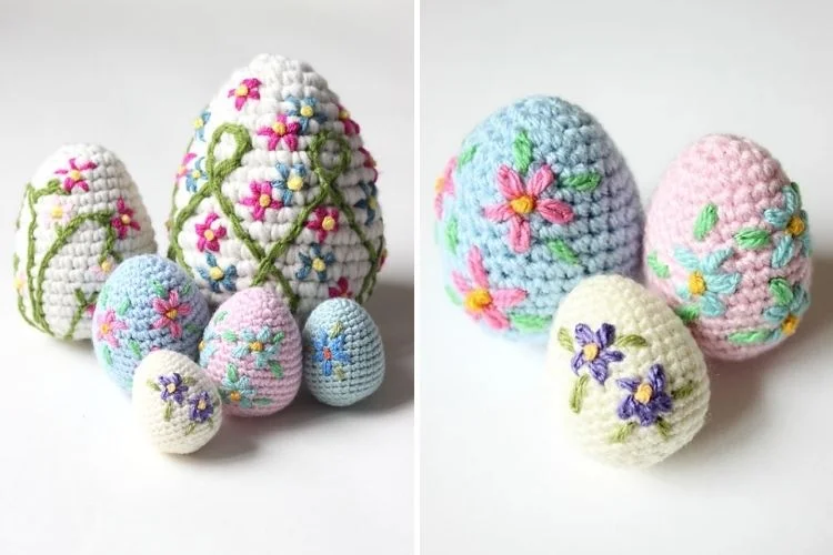 Three crocheted easter eggs with flowers on them.