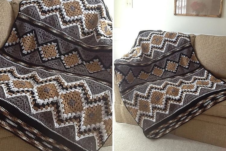 Two pictures of a crocheted blanket on a couch.