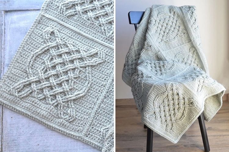 Two pictures of a crocheted blanket on a chair.