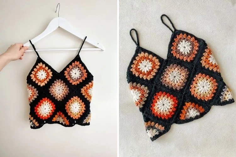 Two pictures of a crocheted top hanging on a hanger.