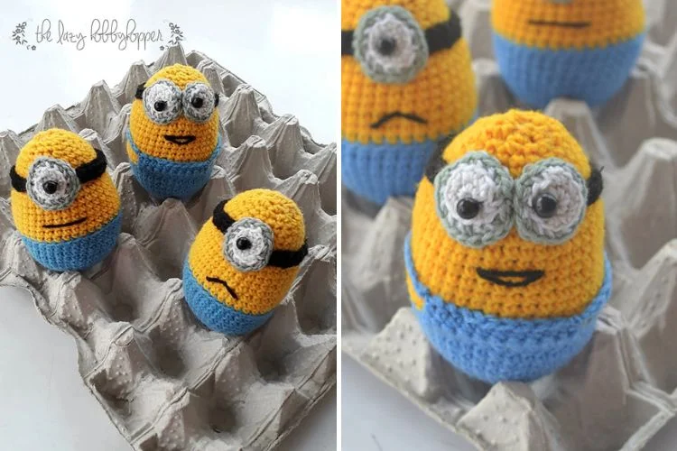 Crocheted minion eggs in an egg carton.