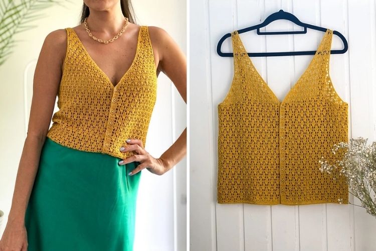 A woman is wearing a yellow crochet top and green skirt.