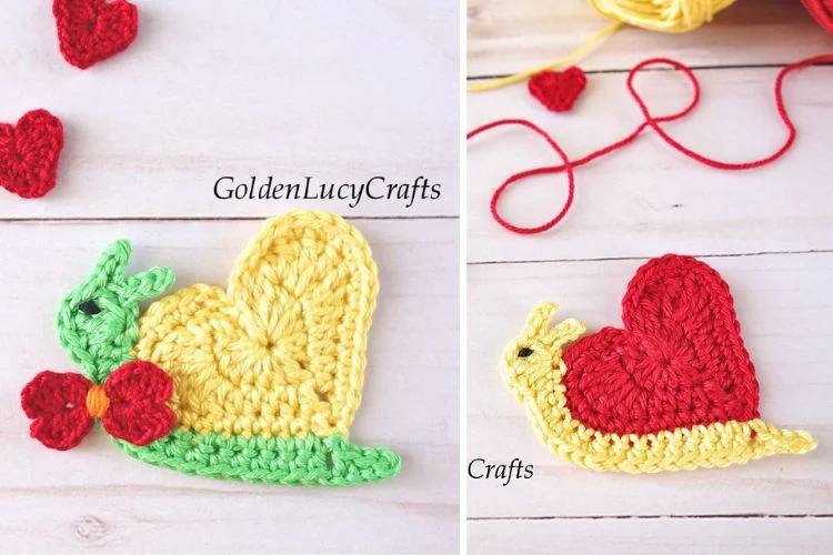 Two pictures of crocheted hearts and snails.