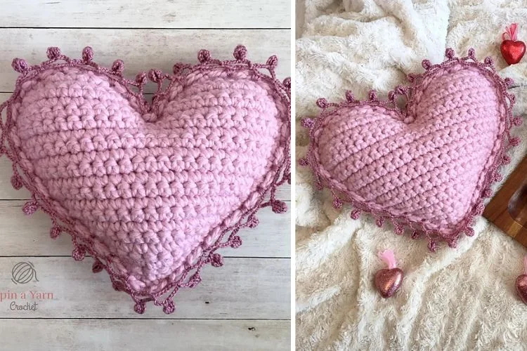 Two pictures of a crocheted heart shaped pillow.