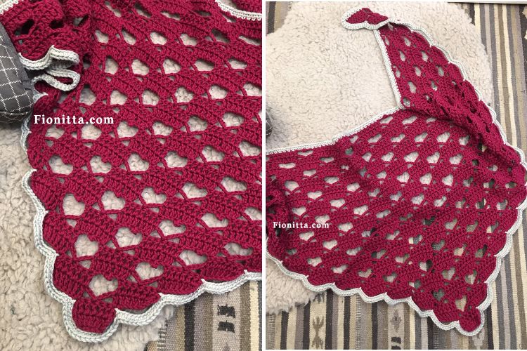 Two pictures of a crocheted shawl.