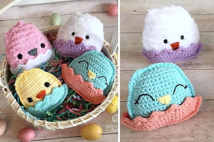 Crocheted easter chicks in a basket.