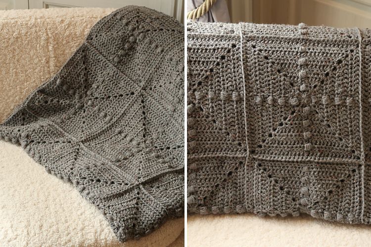 Two pictures of a grey crocheted blanket on a couch.