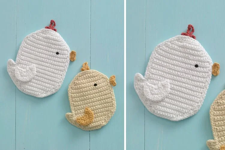 Two crocheted chickens on a blue wall.