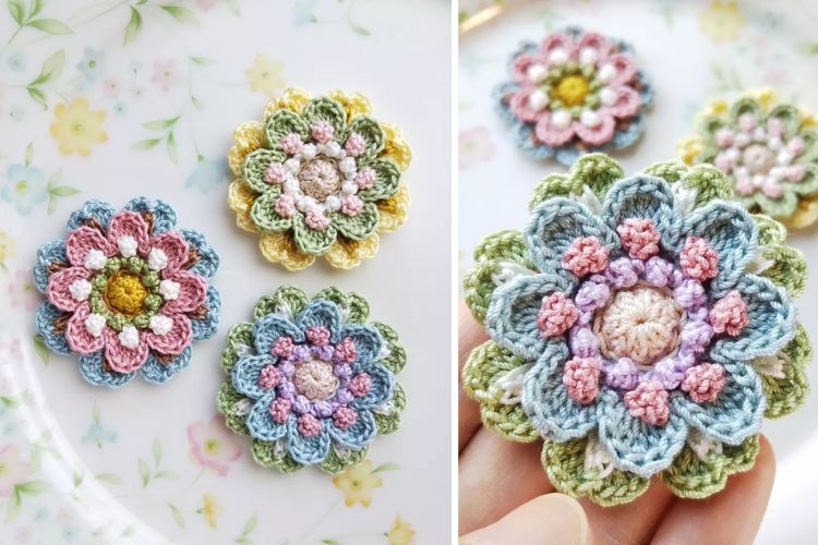 Crocheted flower brooches on a plate.