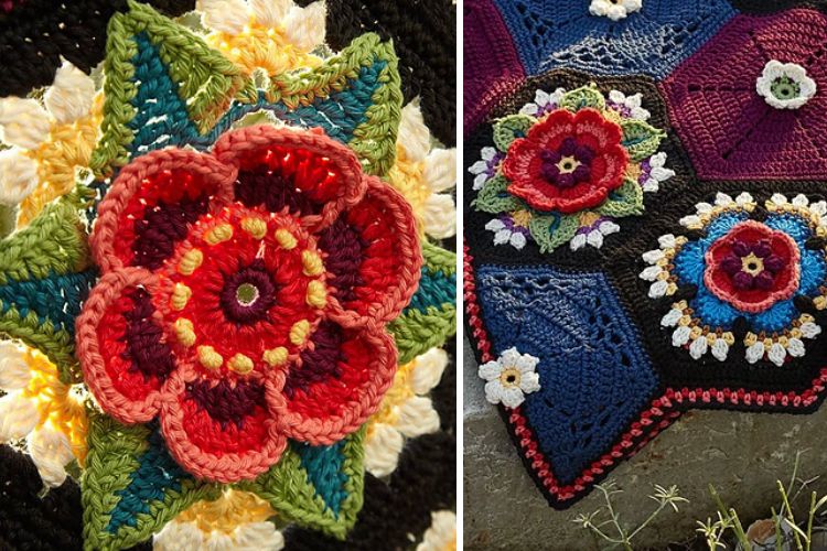 A crocheted flower afghan and a crocheted flower afghan.