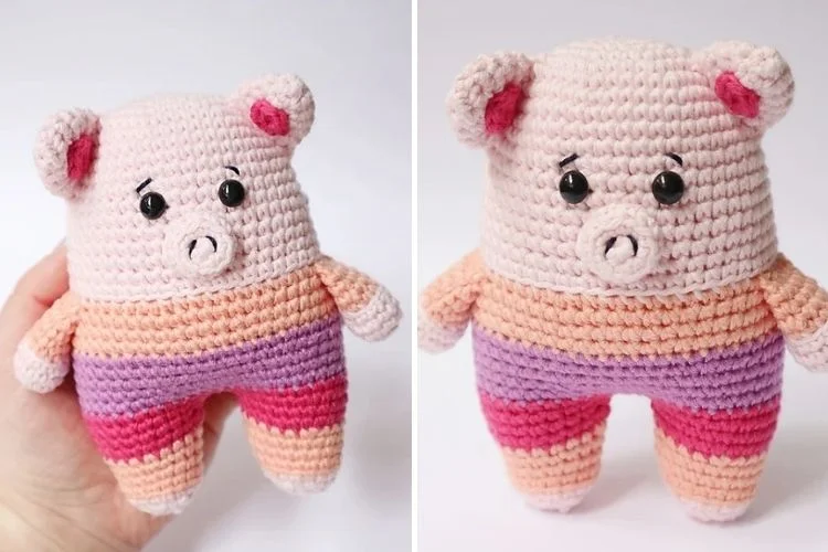 Two pictures of a crocheted pig.