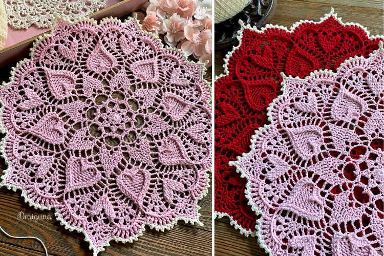 A crochet doily in pink and red.