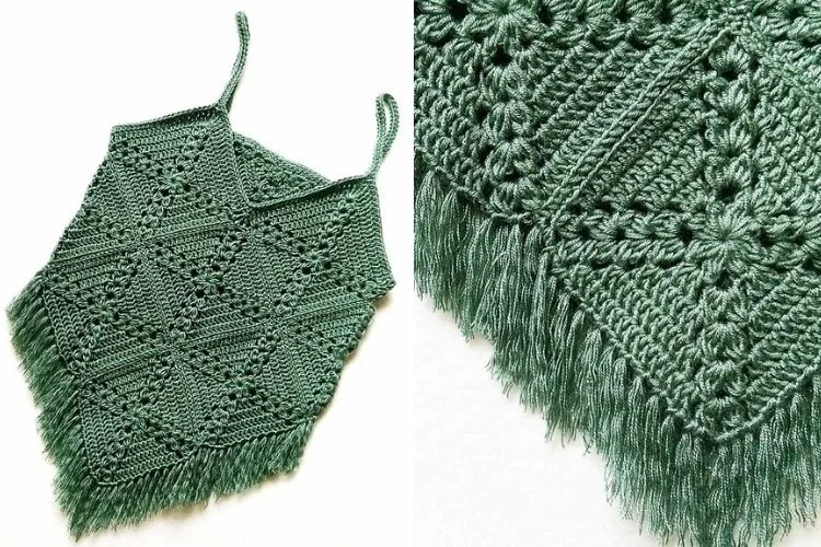 A green crocheted top with fringes.