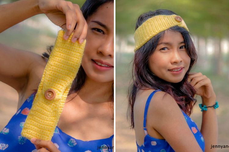 Two pictures of a woman wearing a crocheted headband.