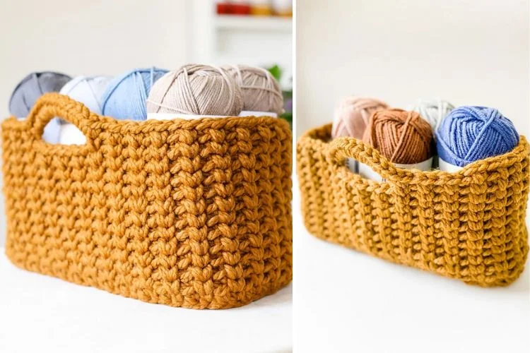 Two pictures of a crocheted basket with yarn in it.