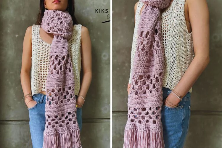 Two pictures of a woman wearing a pink scarf.