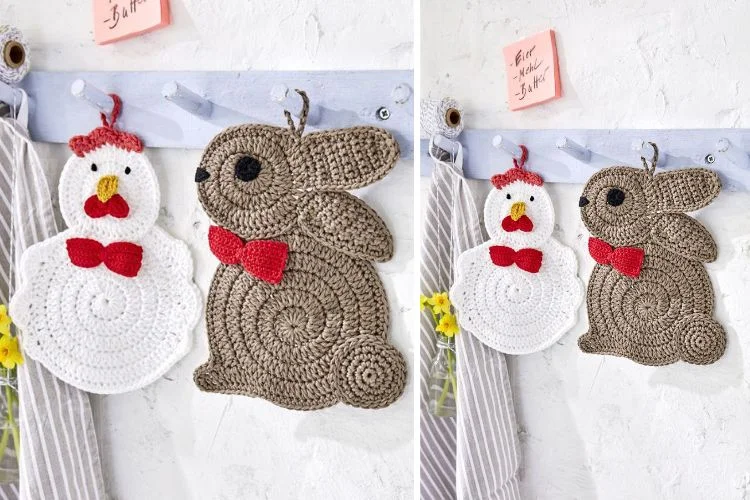 Two pictures of crocheted bunny and chicken hanging on a hook.