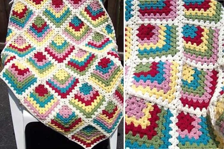 Two pictures of a crocheted afghan on a chair.