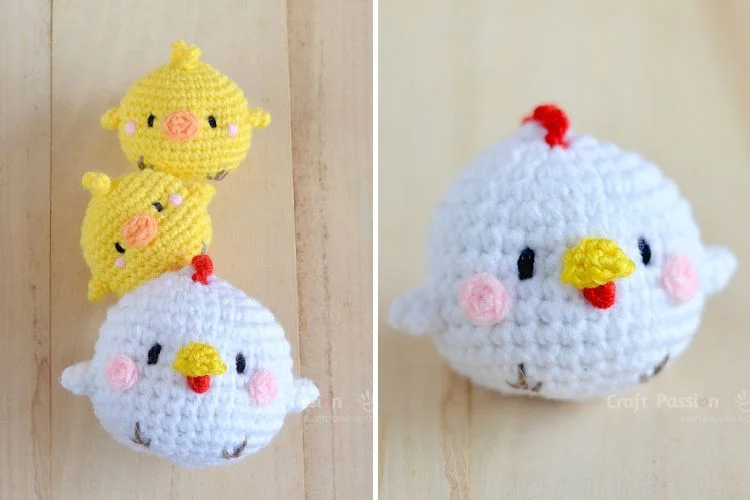 A crocheted chicken and a crocheted bunny.