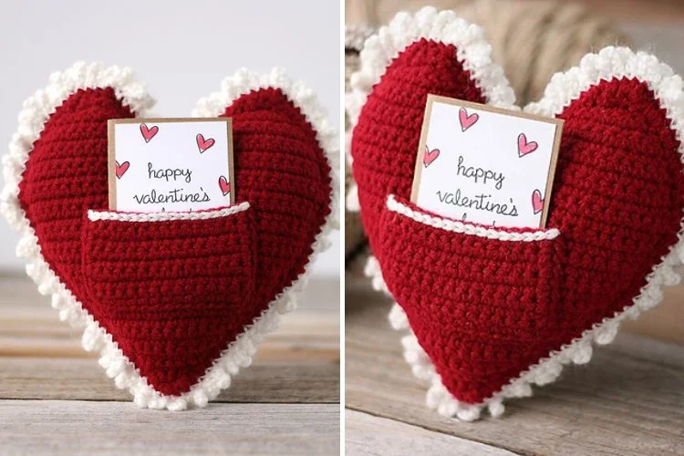 A crocheted heart with a valentine's card inside.