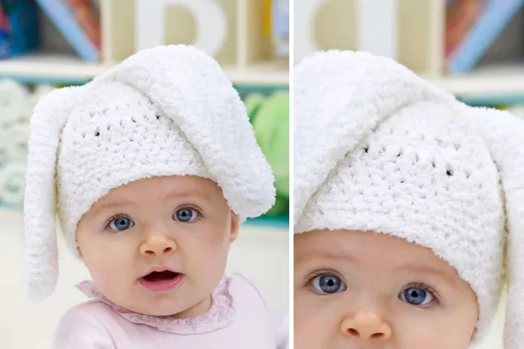 A collage of a baby wearing a white hat.