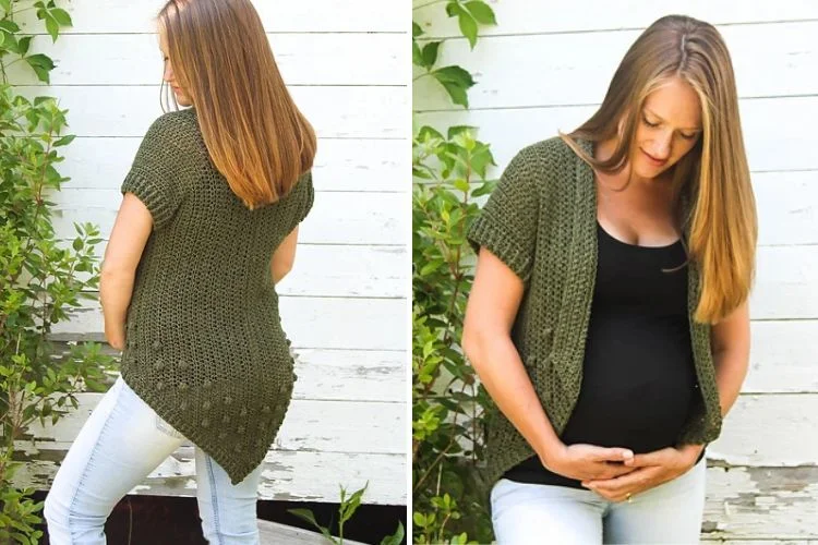 Two pictures of a pregnant woman wearing a green cardigan.