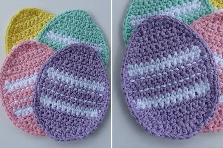 Crocheted easter egg coasters.