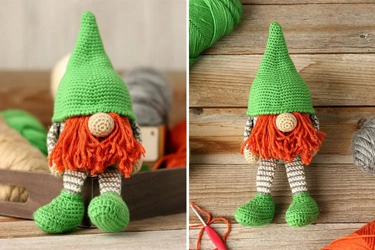 Two pictures of a crocheted gnome.