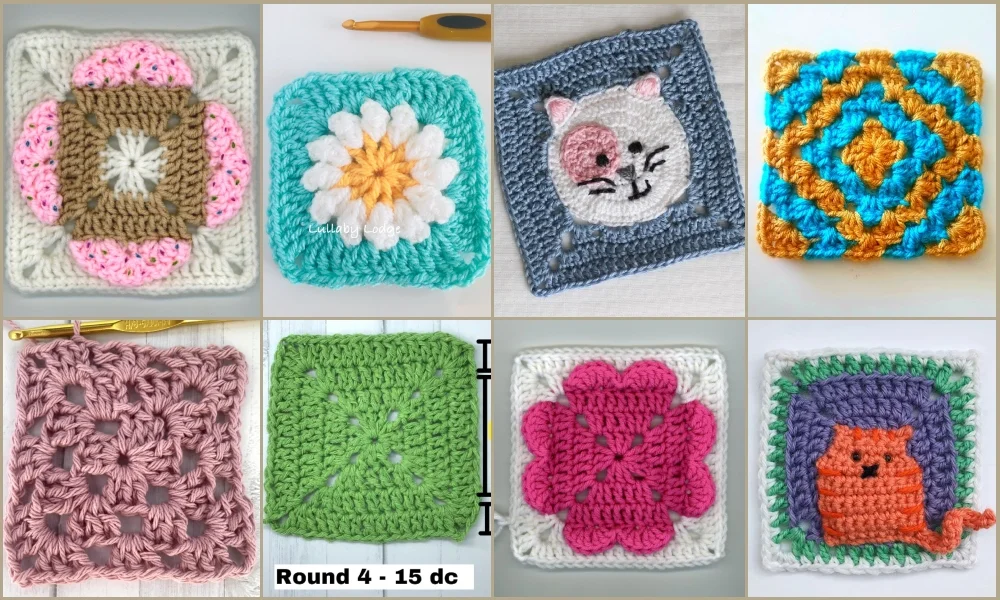 Learn how to crochet a variety of granny squares with unique designs in this collage.