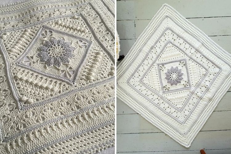 Two pictures of a white crocheted afghan.