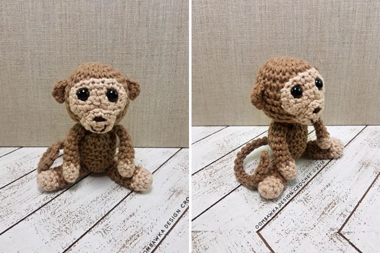 Two pictures of a crocheted monkey.