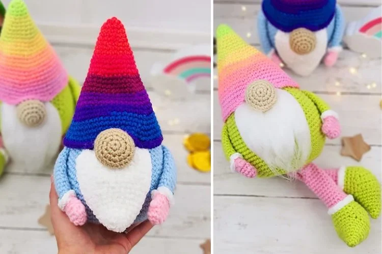 A crocheted gnome with a rainbow hat.