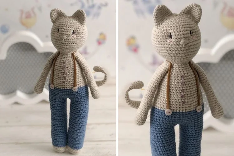 Two pictures of a crocheted cat.