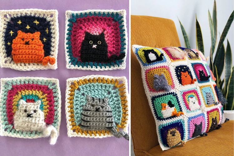 Two pictures of crocheted pillows with cats on them.