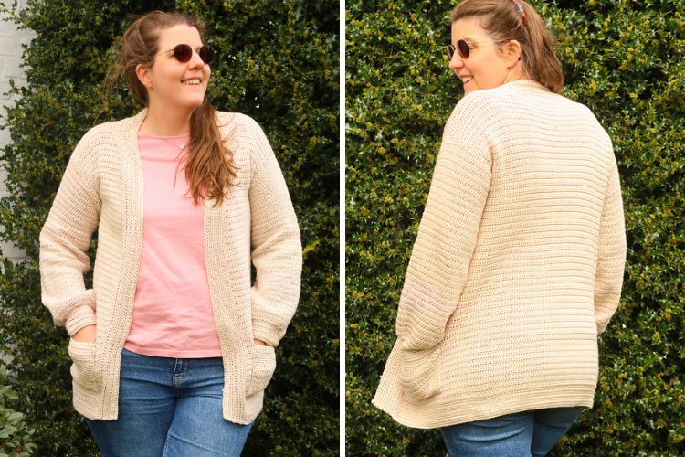 Two pictures of a woman wearing a beige cardigan.