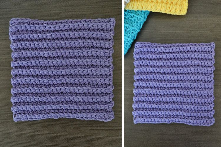 Two pictures of a crocheted dishcloth.