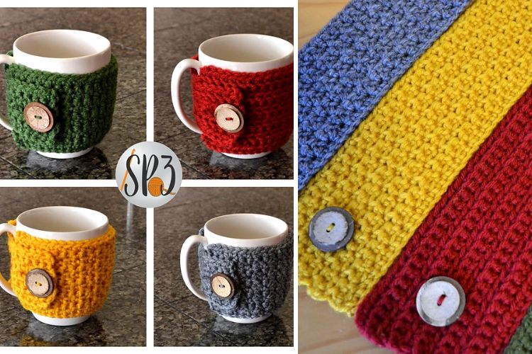 A crocheted mug cozy with buttons on it.