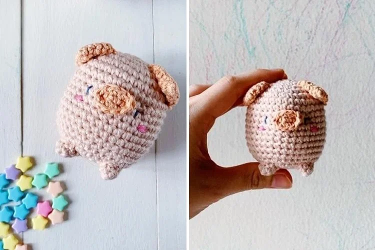 Two pictures of a crocheted pig.